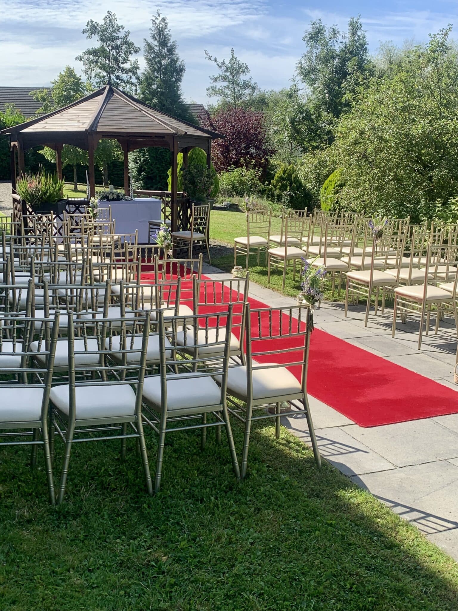 The Gazebo set up to host a civil ceremony in the gardens of the Woodford Dolmen Hotel.