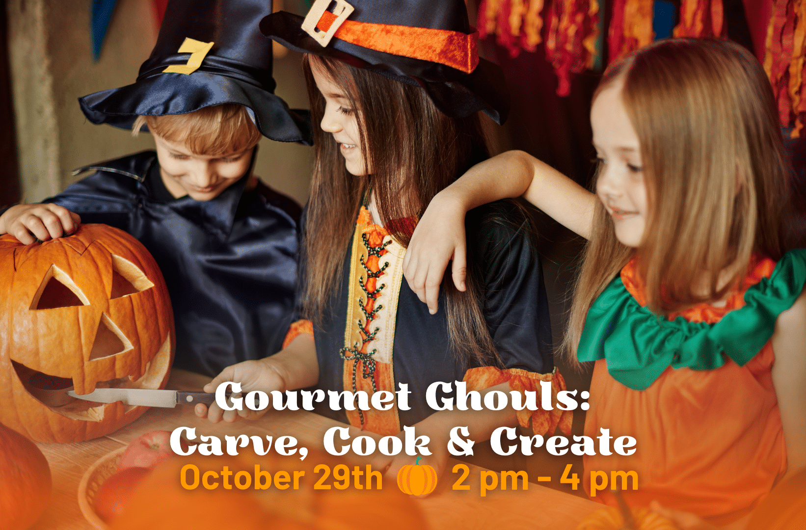 Kids carving pumpkins at Halloween event